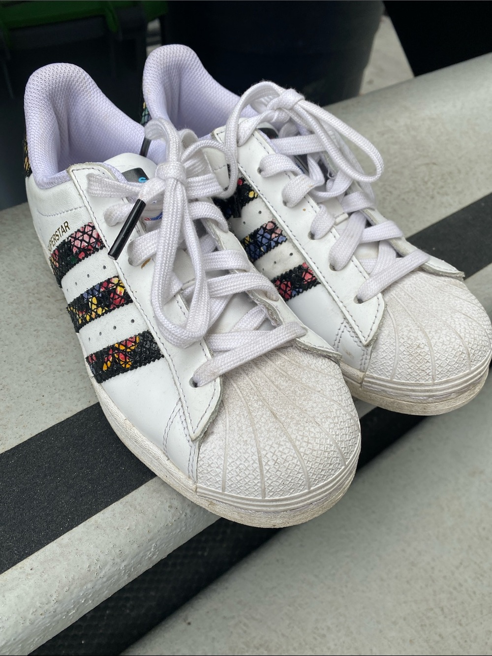 adidas Kids White Superstar Sneakers with Multicolor Mosaic Stripes